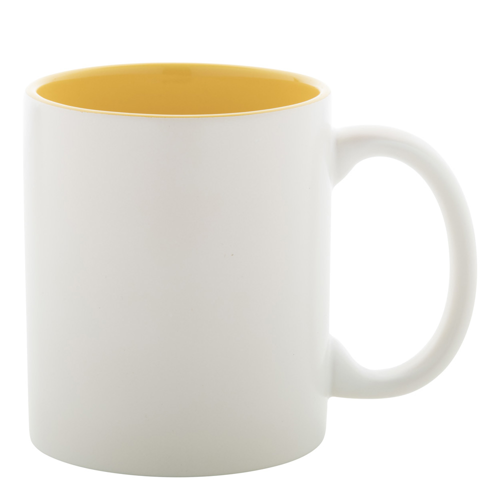 weiss-gelbe Tasse gravieren lassen