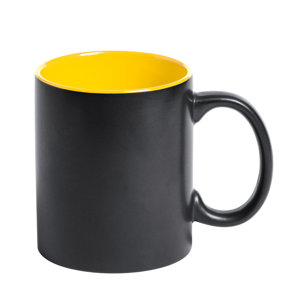 Schwarze Tasse mit Lasergravur gelb
