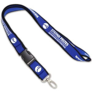 Blaues Neopren Schlüsselband mit Firmenlogo und Text